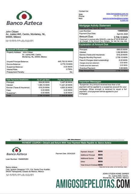 imprimível Modelo Word e PDF de extrato de hipoteca do México Banco Azteca